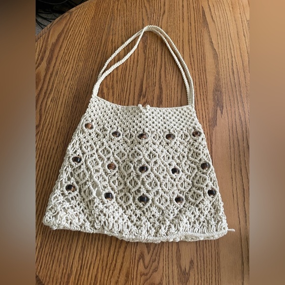 Handmade Boho Crochet Macrame Bag  With Beaded Detail 1970s Hand Bag - Picture 7 of 8